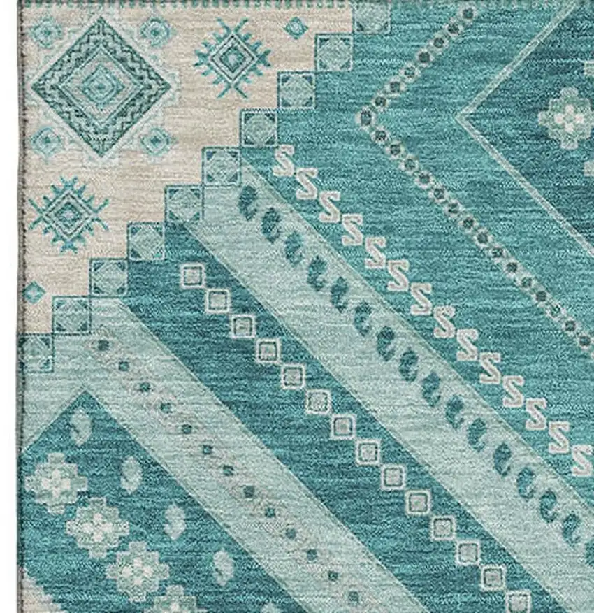 Teal Beige And Aqua Tribal Washable Area Rug With UV Protection Photo 2