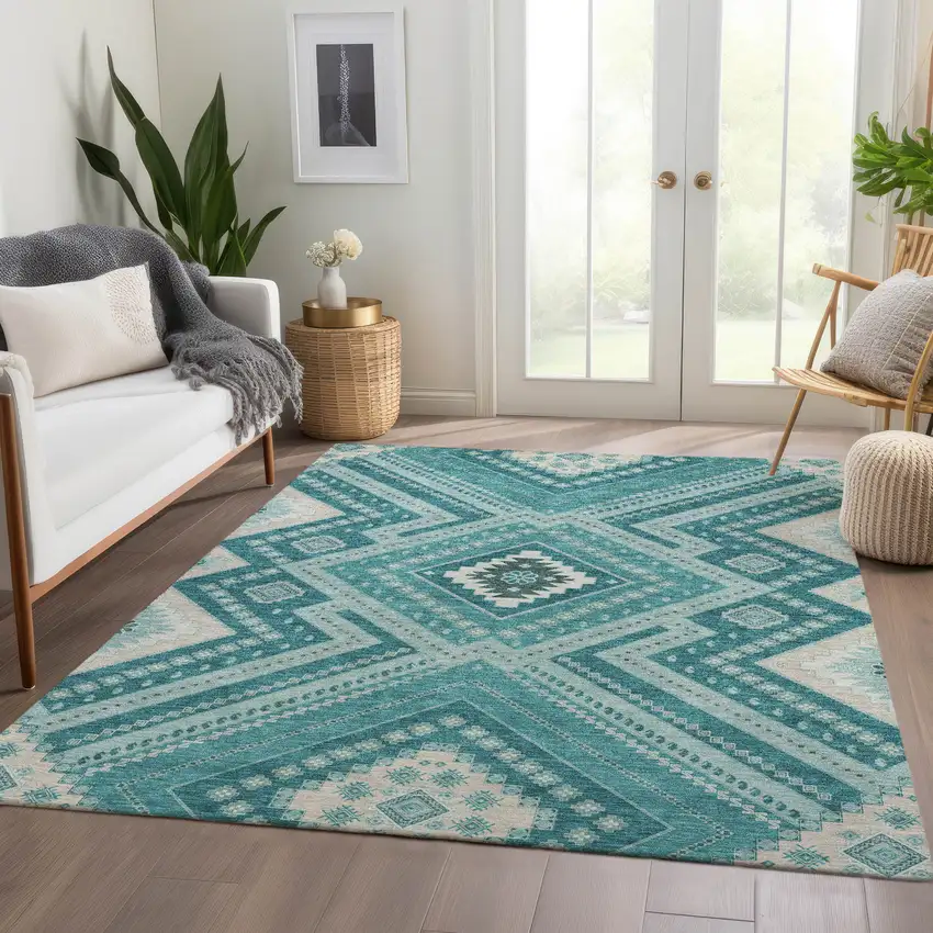 Teal Beige And Aqua Tribal Washable Area Rug With UV Protection Photo 5