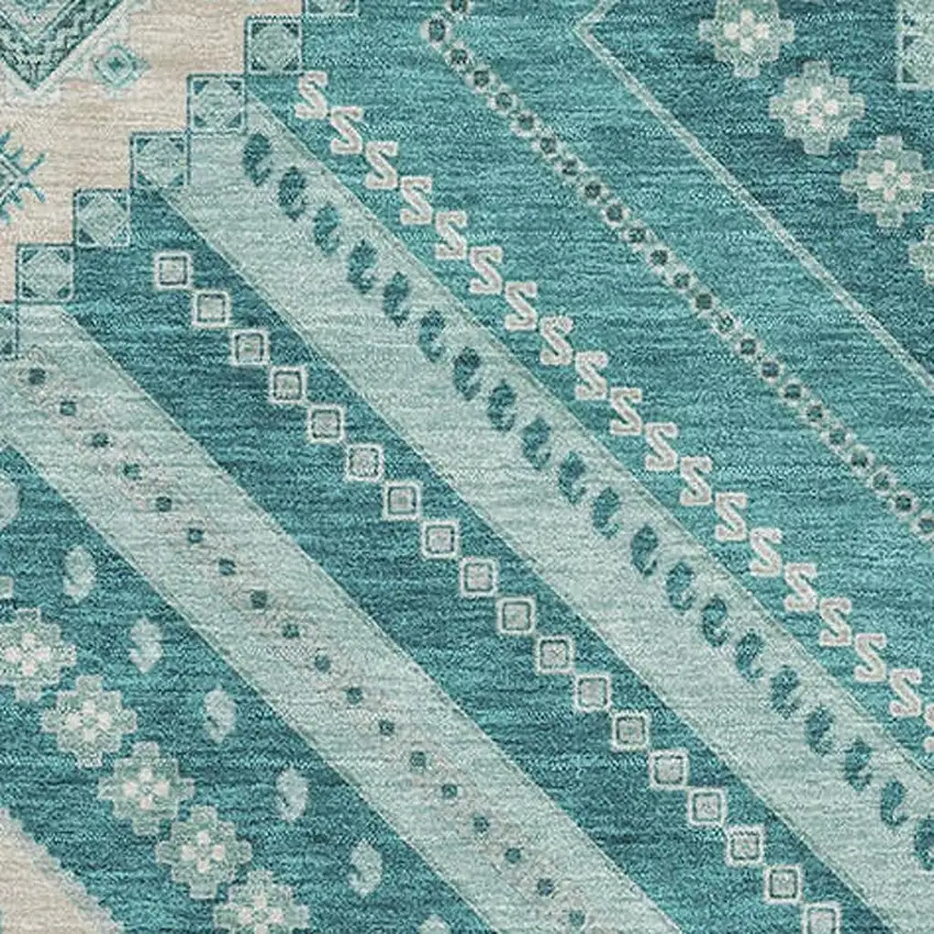 Teal Beige And Aqua Tribal Washable Area Rug With UV Protection Photo 2