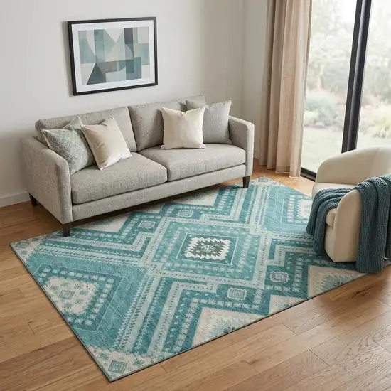 Teal Beige And Aqua Tribal Washable Area Rug With UV Protection Photo 1