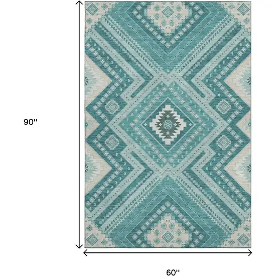 Teal Beige And Aqua Tribal Washable Area Rug With UV Protection Photo 8