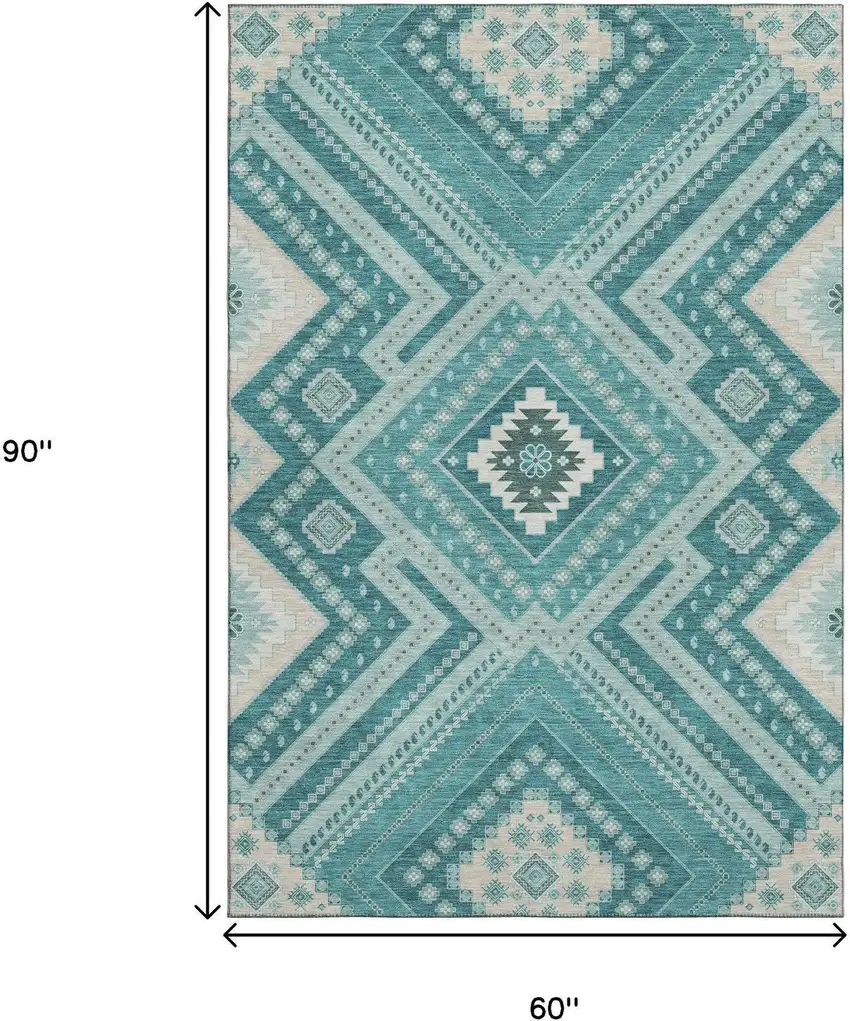 Teal Beige And Aqua Tribal Washable Area Rug With UV Protection Photo 8