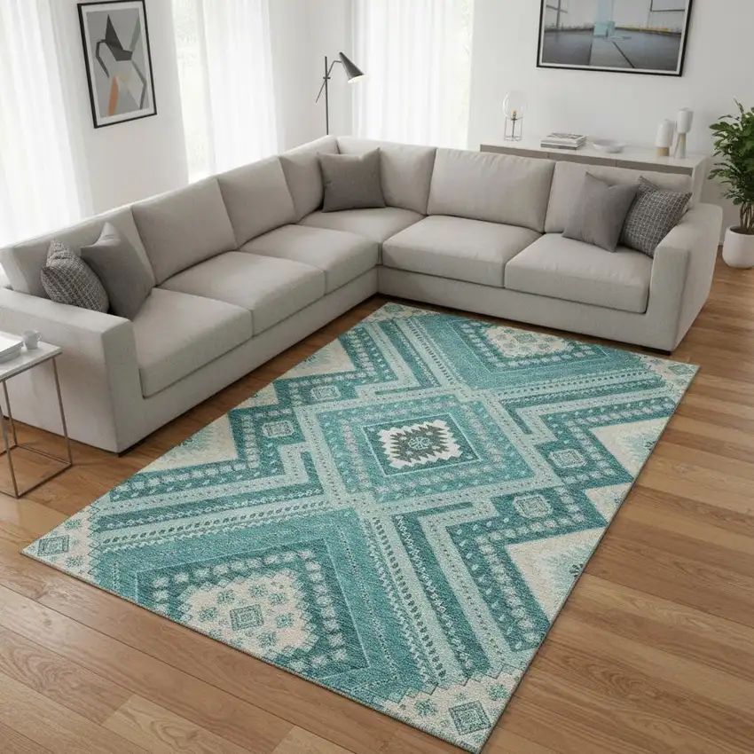 Teal Beige And Aqua Tribal Washable Area Rug With UV Protection Photo 2