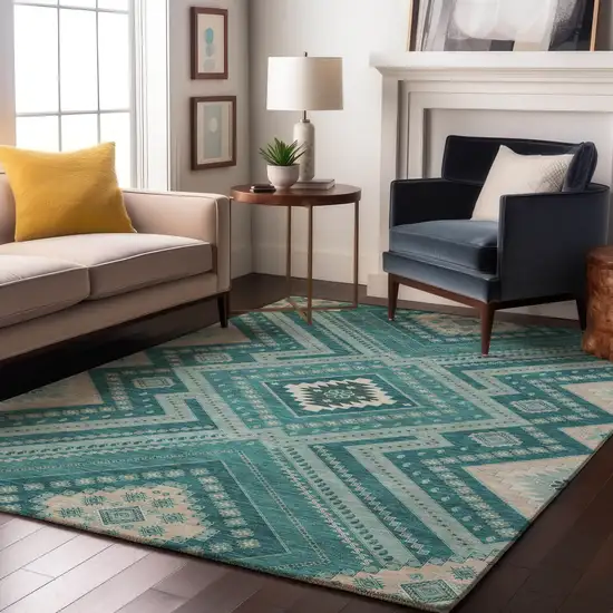 Teal Beige And Aqua Tribal Washable Area Rug With UV Protection Photo 4