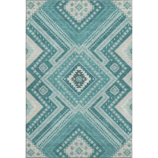 Teal Beige And Aqua Tribal Washable Area Rug With UV Protection Photo 1