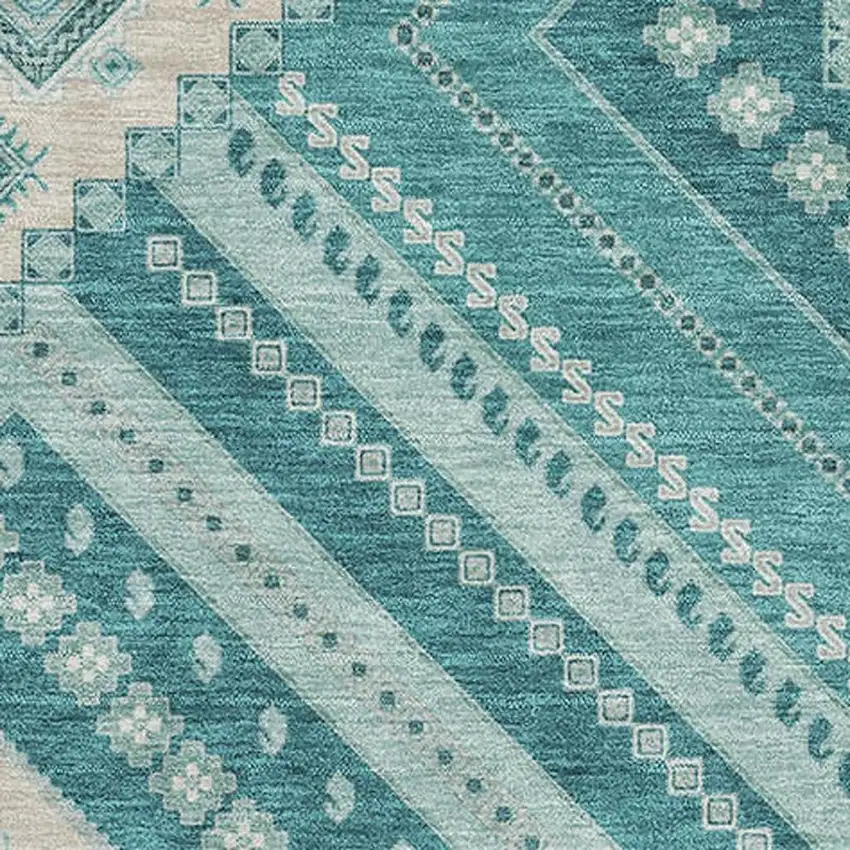 Teal Beige And Aqua Tribal Washable Area Rug With UV Protection Photo 2