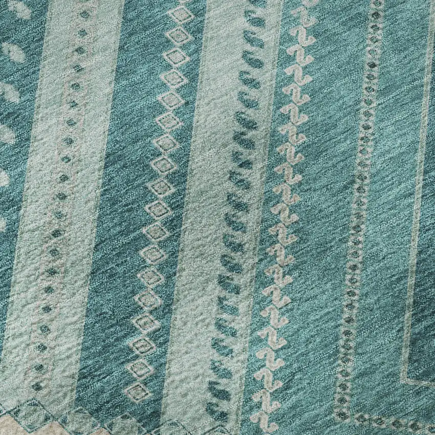 Teal Beige And Aqua Tribal Washable Area Rug With UV Protection Photo 9
