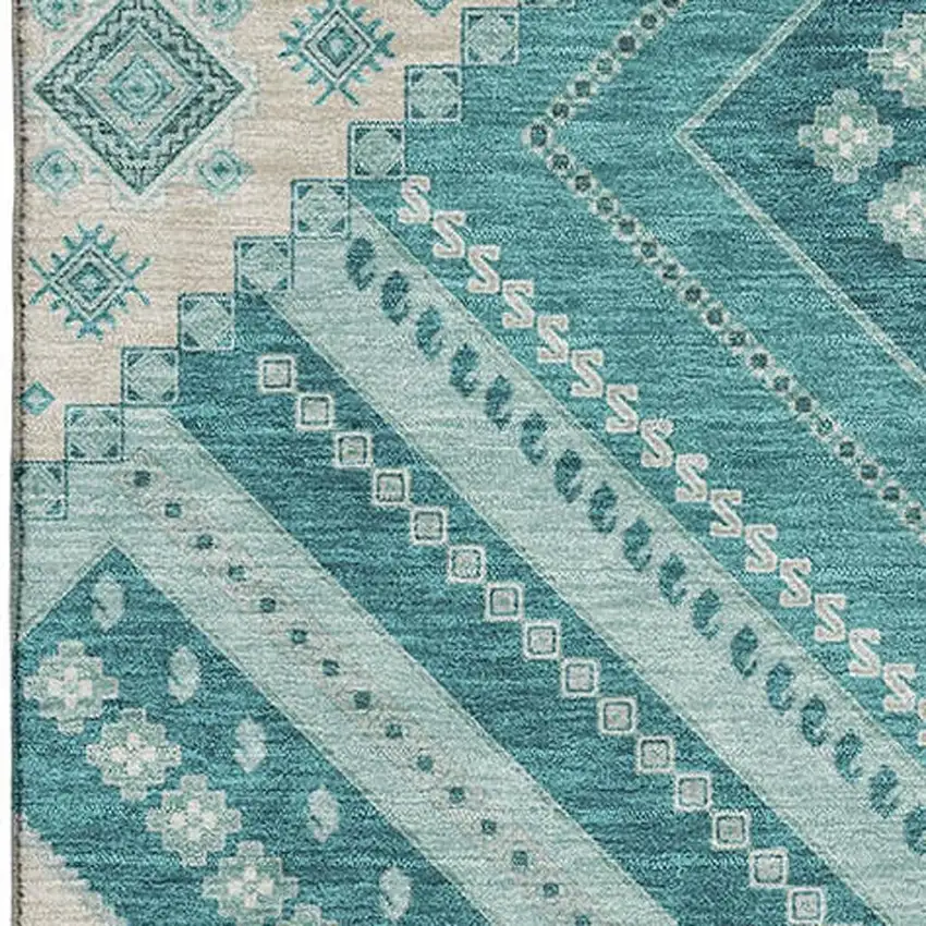 Teal Beige And Aqua Tribal Washable Area Rug With UV Protection Photo 2