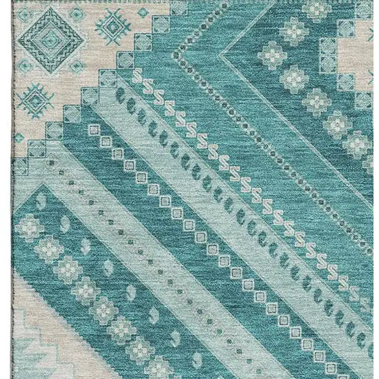 Teal Beige And Aqua Tribal Washable Area Rug With UV Protection Photo 3