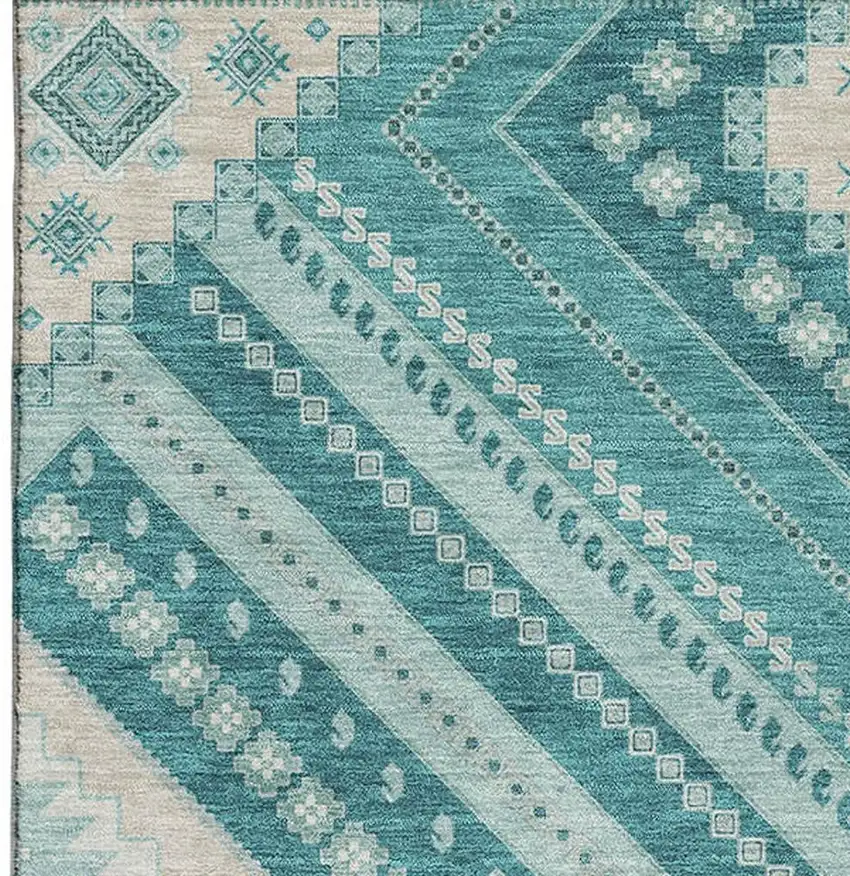 Teal Beige And Aqua Tribal Washable Area Rug With UV Protection Photo 3