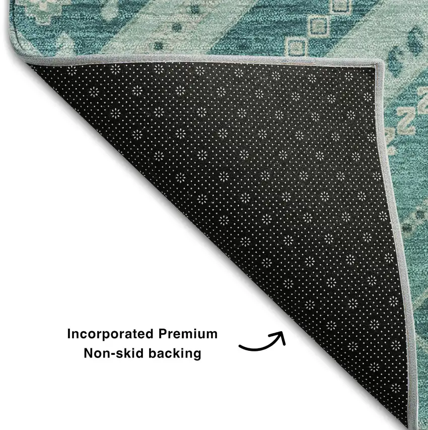 Teal Beige And Aqua Tribal Washable Area Rug With UV Protection Photo 6