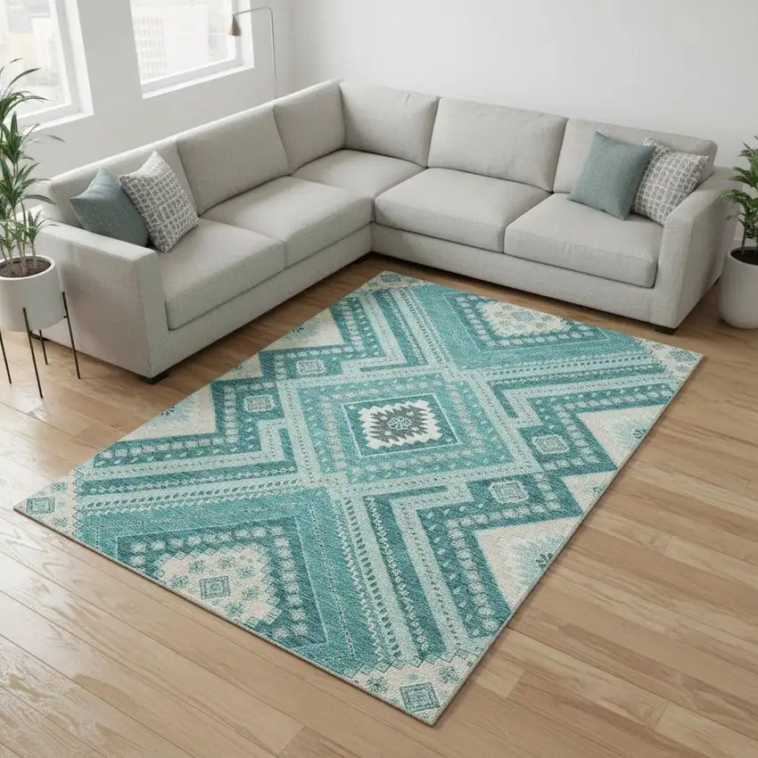 Teal Beige And Aqua Tribal Washable Area Rug With UV Protection Photo 2