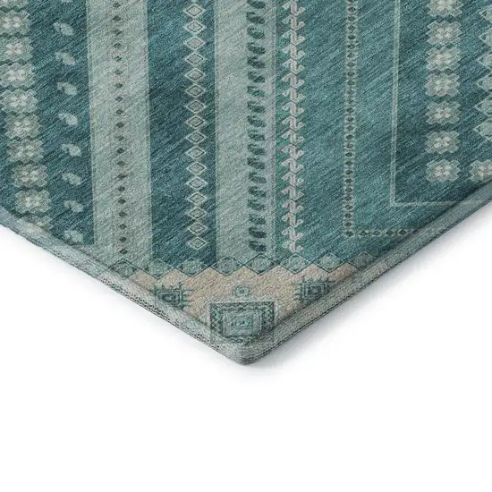 Teal Beige And Aqua Tribal Washable Area Rug With UV Protection Photo 7