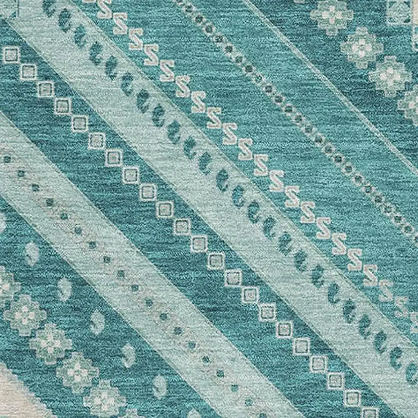 Teal Beige And Aqua Tribal Washable Area Rug With UV Protection Photo 2
