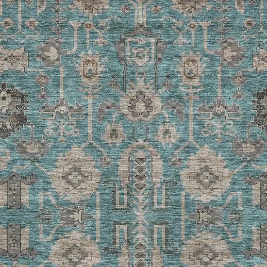 Teal Beige And Charcoal Oriental Washable Area Rug With UV Protection Photo 2