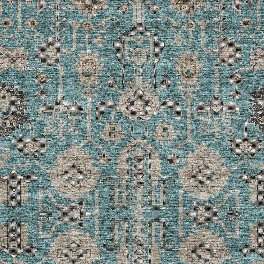 Teal Beige And Charcoal Oriental Washable Area Rug With UV Protection Photo 2