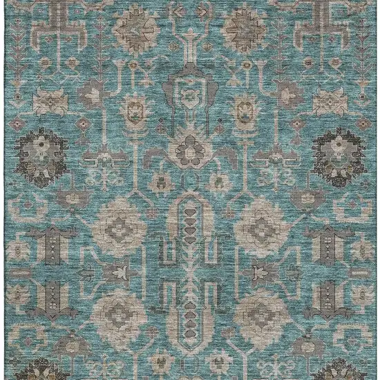 Teal Beige And Charcoal Oriental Washable Area Rug With UV Protection Photo 3
