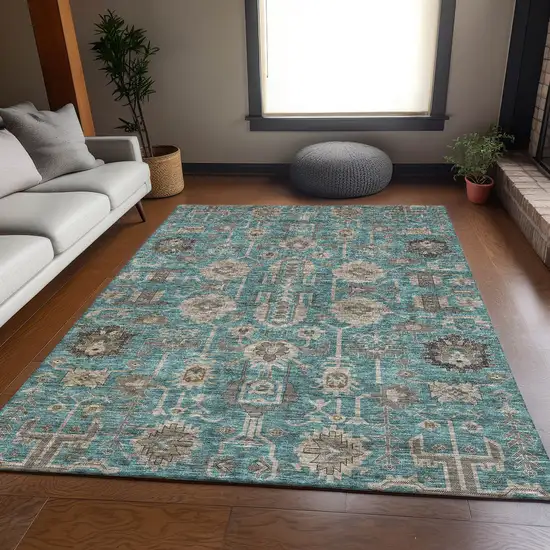 Teal Beige And Charcoal Oriental Washable Area Rug With UV Protection Photo 4
