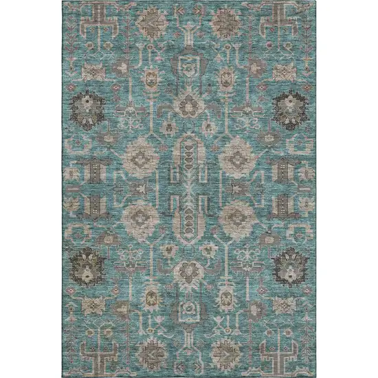 Teal Beige And Charcoal Oriental Washable Area Rug With UV Protection Photo 1