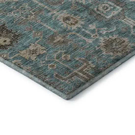 Teal Beige And Charcoal Oriental Washable Area Rug With UV Protection Photo 7