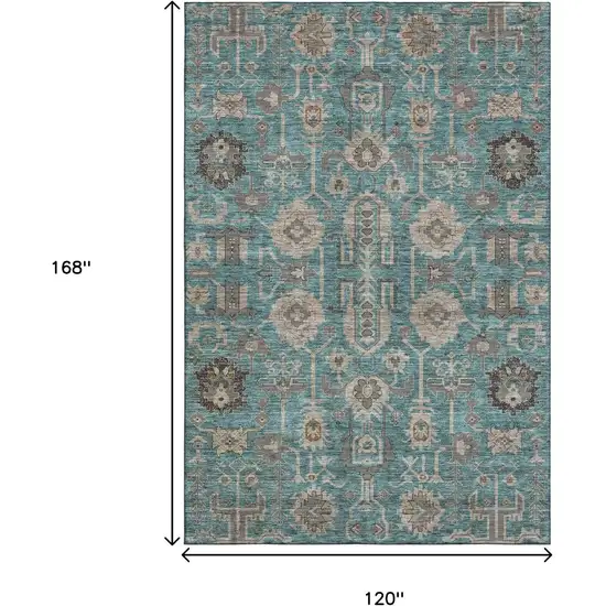 Teal Beige And Charcoal Oriental Washable Area Rug With UV Protection Photo 3