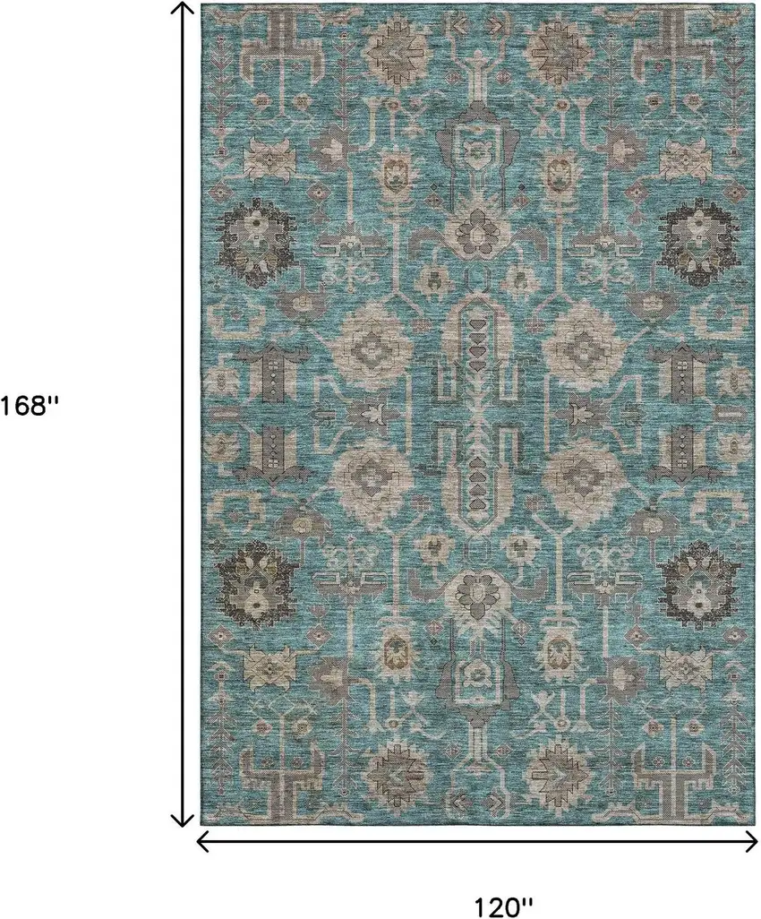 Teal Beige And Charcoal Oriental Washable Area Rug With UV Protection Photo 3