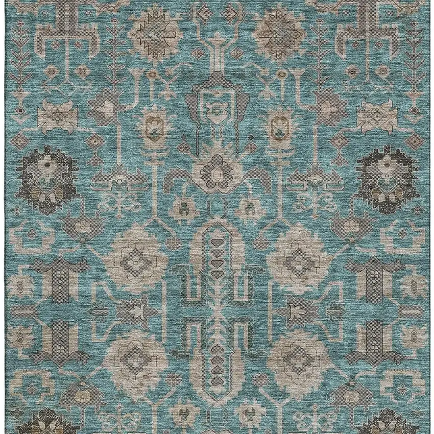 Teal Beige And Charcoal Oriental Washable Area Rug With UV Protection Photo 3