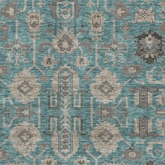 Teal Beige And Charcoal Oriental Washable Area Rug With UV Protection Photo 2