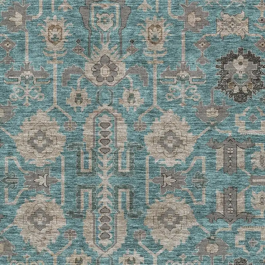 Teal Beige And Charcoal Oriental Washable Area Rug With UV Protection Photo 2