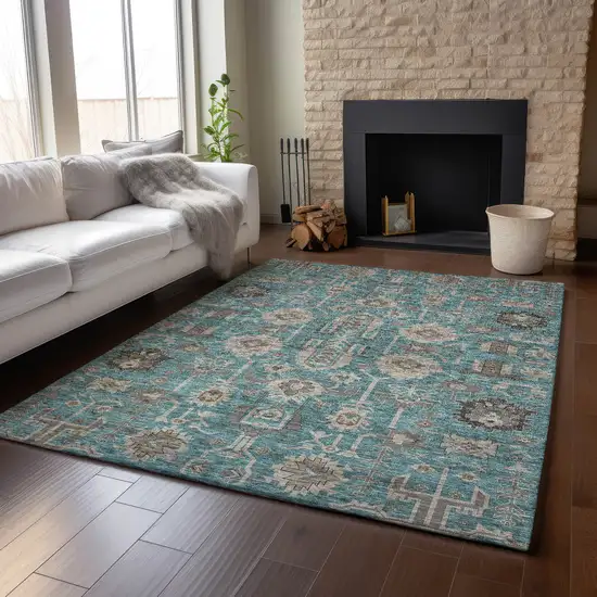 Teal Beige And Charcoal Oriental Washable Area Rug With UV Protection Photo 5