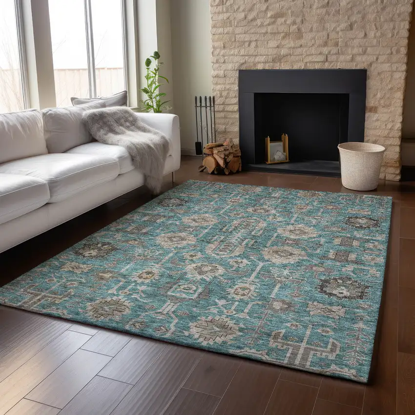 Teal Beige And Charcoal Oriental Washable Area Rug With UV Protection Photo 5
