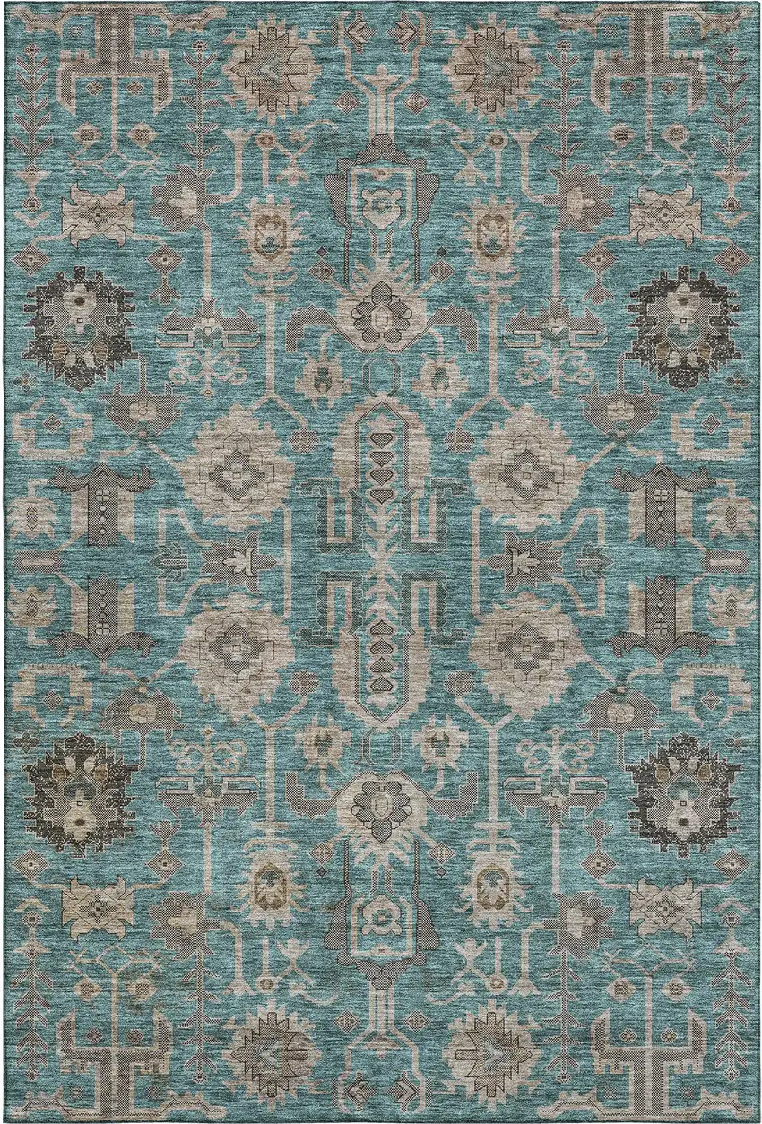 Teal Beige And Charcoal Oriental Washable Area Rug With UV Protection Photo 1