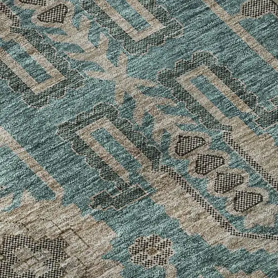 Teal Beige And Charcoal Oriental Washable Area Rug With UV Protection Photo 9