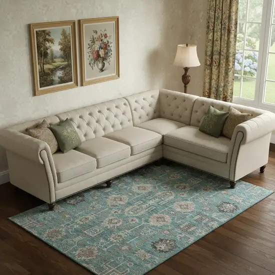 Teal Beige And Charcoal Oriental Washable Area Rug With UV Protection Photo 1