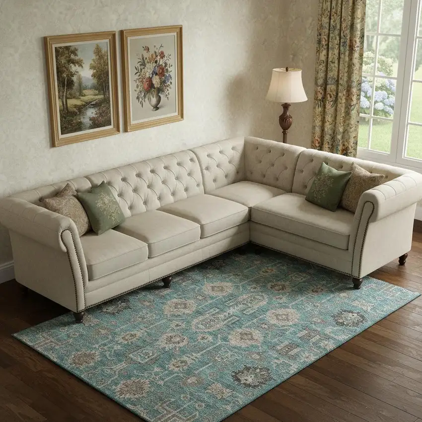 Teal Beige And Charcoal Oriental Washable Area Rug With UV Protection Photo 1