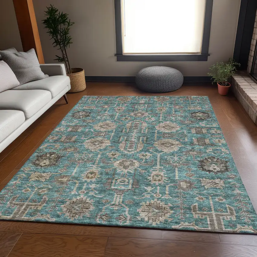 Teal Beige And Charcoal Oriental Washable Area Rug With UV Protection Photo 4