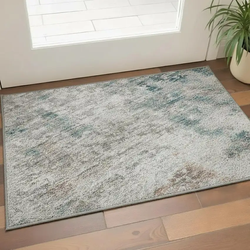Teal Beige And Copper Abstract Washable Area Rug With UV Protection Photo 2