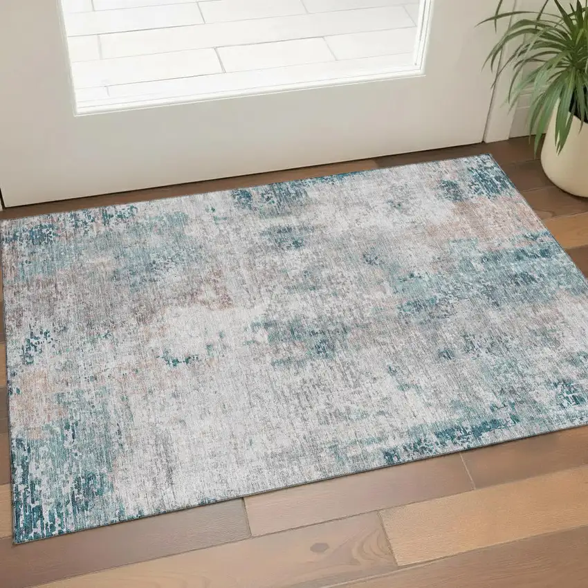 Teal Beige And Copper Abstract Washable Area Rug With UV Protection Photo 1