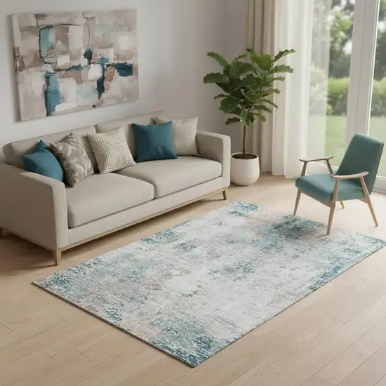 Teal Beige And Copper Abstract Washable Area Rug With UV Protection Photo 1