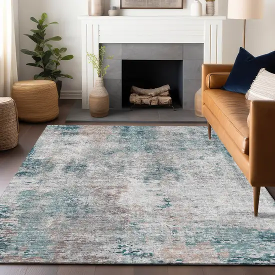 Teal Beige And Copper Abstract Washable Area Rug With UV Protection Photo 6