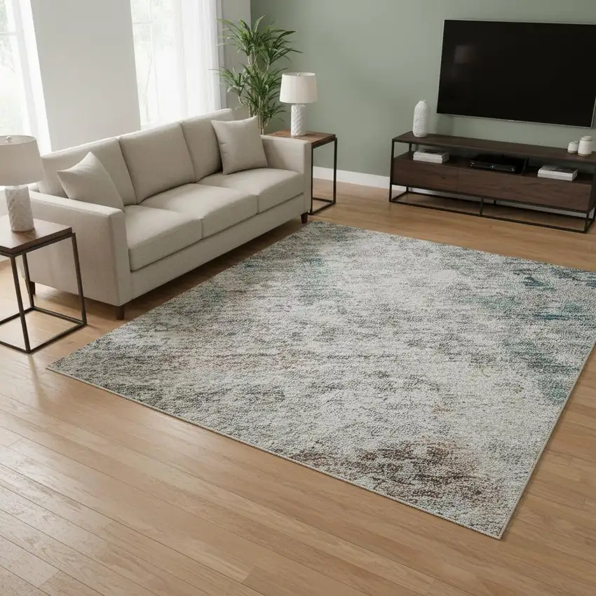 Teal Beige And Copper Abstract Washable Area Rug With UV Protection Photo 2