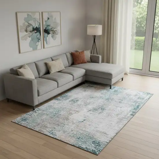 Teal Beige And Copper Abstract Washable Area Rug With UV Protection Photo 1