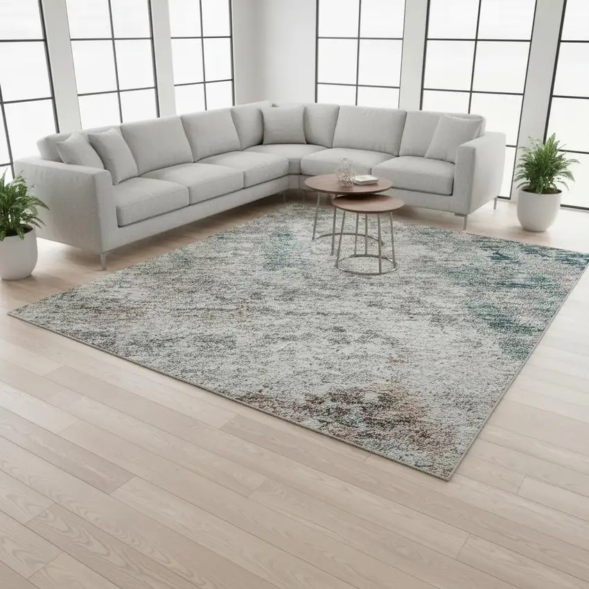 Teal Beige And Copper Abstract Washable Area Rug With UV Protection Photo 2