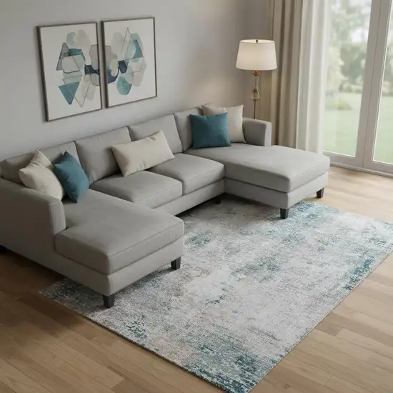 Teal Beige And Copper Abstract Washable Area Rug With UV Protection Photo 1