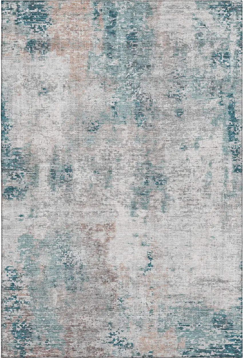 Teal Beige And Copper Abstract Washable Area Rug With UV Protection Photo 6
