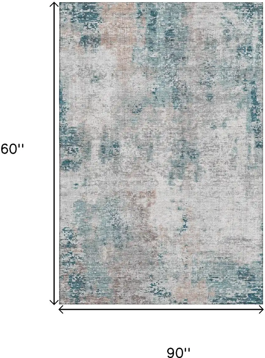 Teal Beige And Copper Abstract Washable Area Rug With UV Protection Photo 3