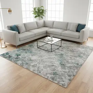Photo of Teal Beige And Copper Abstract Washable Area Rug With UV Protection