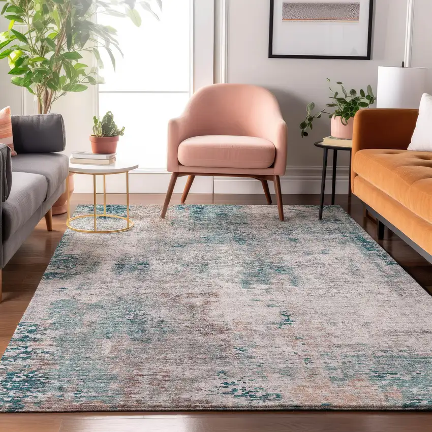 Teal Beige And Copper Abstract Washable Area Rug With UV Protection Photo 4