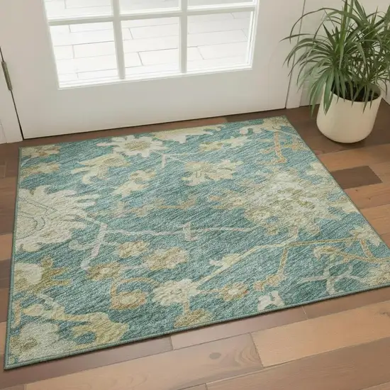 Teal Beige And Copper Floral Medallion Washable Area Rug With UV Protection Photo 2