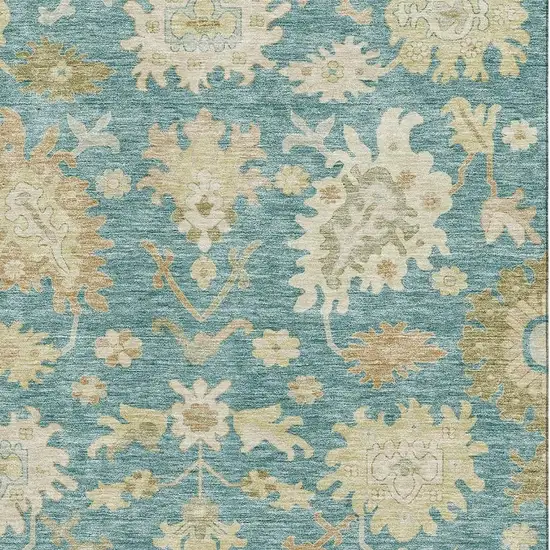 Teal Beige And Copper Floral Medallion Washable Area Rug With UV Protection Photo 4